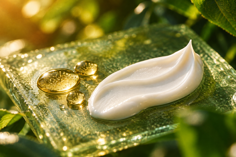 Weiße Cremetextur und goldene Tropfen auf grünlichem Glas.