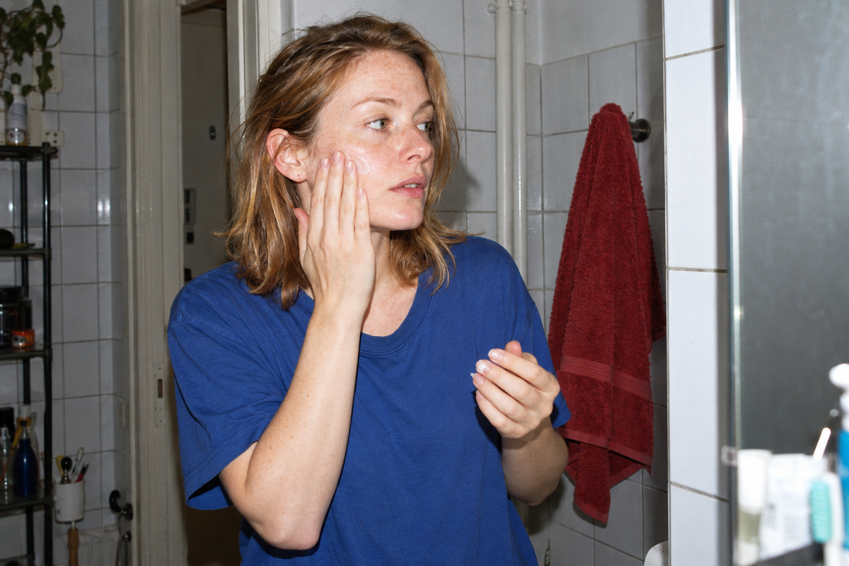 Frau im blauen T-Shirt bei ihrer Morgenpflege.