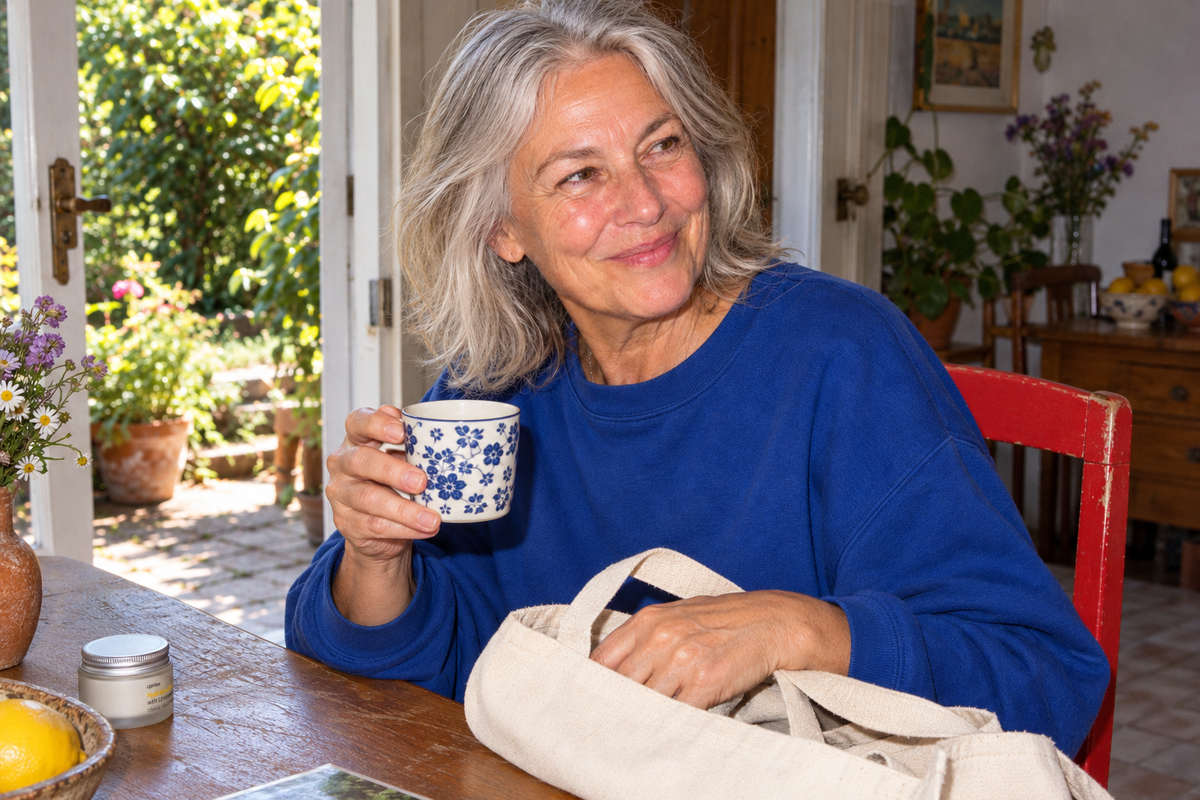 Frau mit silbernem Haar beim Kaffee; ein Uprise-Tiegel steht beiläufig auf dem Tisch.