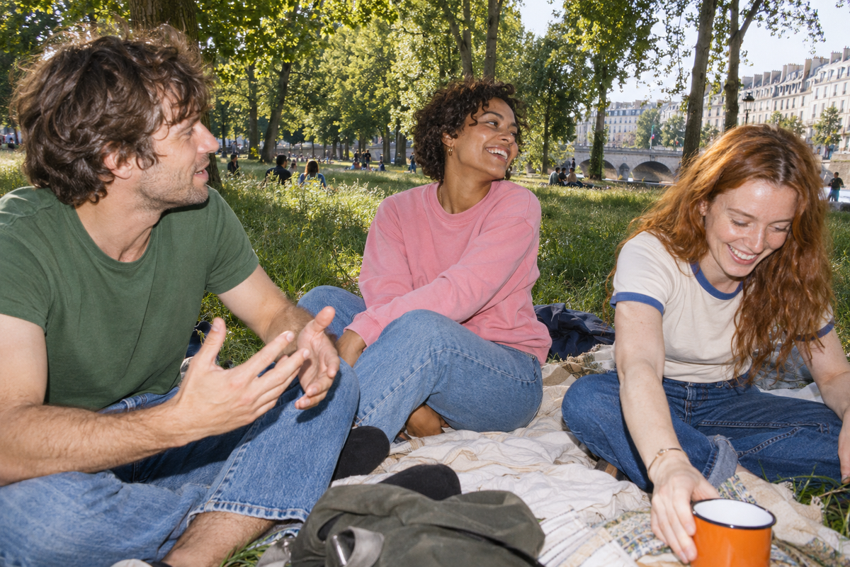 Drei Freunde auf einer Picknickdecke im Park.